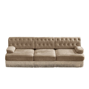 English Elm 3-seater Velvet Sofa with Button Tufting Tassel Fringe Skirt Modular Living Room Design Camel W714S01696