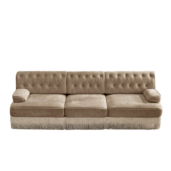 English Elm 3-seater Velvet Sofa with Button Tufting Tassel Fringe Skirt Modular Living Room Design Camel W714S01696