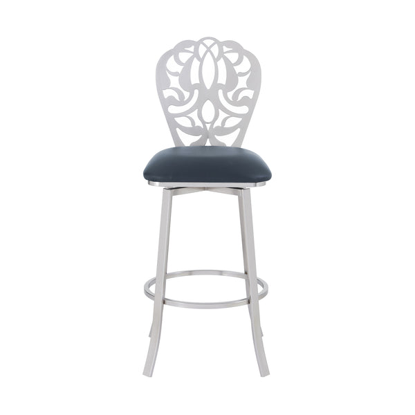 English Elm Xadriel 30" Barstool in Brushed Stainless with Gray Faux Leather, 360° Swivel, Round Footrest Durable Elegance B2736P268562