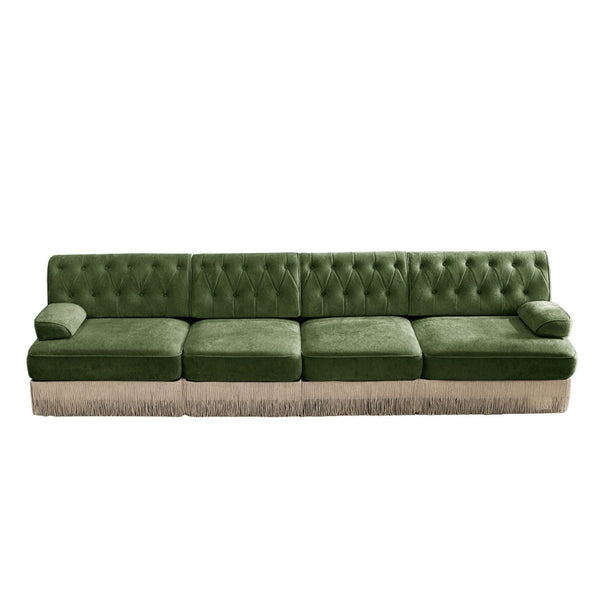 English Elm 135" Modular Chesterfield Sectional Sofa Velvet Tufted Tassel Skirt Lounge Seating Green W714S01710