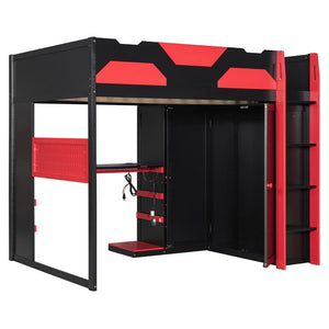 English Elm Full Size Loft Bed with Rgb Lighting Usb Charging Desk Wardrobe and Storage Shelves Red LT000387AAJ