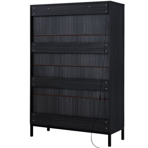 English Elm 60'' Tall Display Cabinet with LED Lighting, Tempered Glass Doors, 4 Adjustable Shelves & Drawers Black N845P261801B
