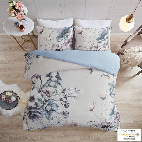 JLA Home Madison Park - 3 Cotton Floral Duvet Cover Set - Shabby-Chic Large Print, OEKO-TEX, Breathable 100% Cotton Comfort Blue MP12-7837