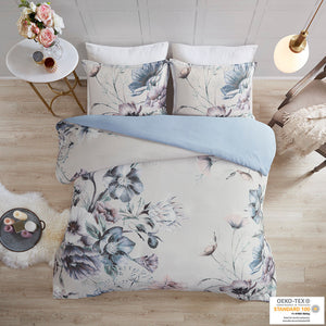 JLA Home Madison Park - 3 Piece Cotton Printed Duvet Cover Set with Large Floral Print, OEKO-TEX, Breathable Cottage Charm Blue MP12-7838