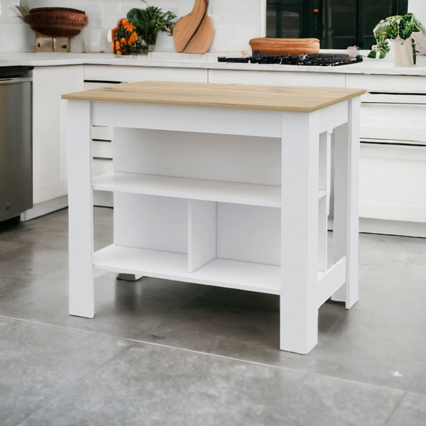HomeRoots White Kitchen Island with Oak Top – Stylish Storage Solution for Modern and Farmhouse Decor! 535023