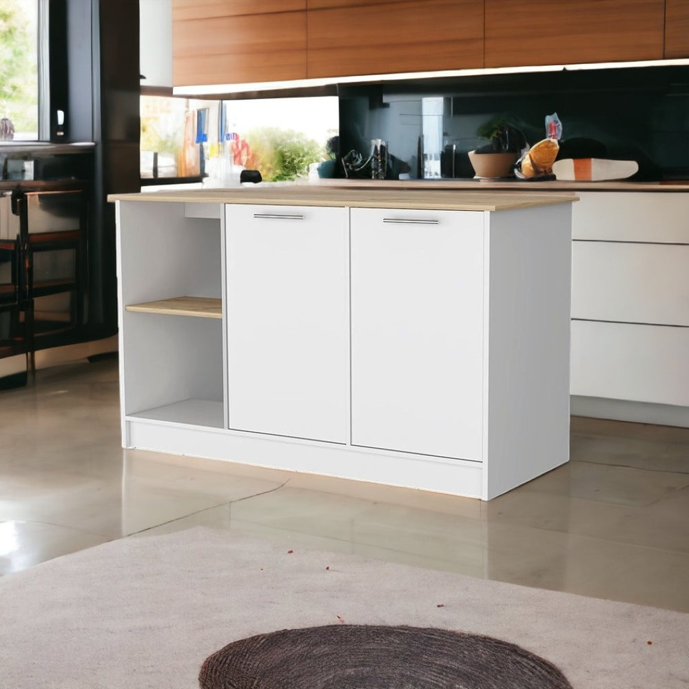 HomeRoots White Kitchen Island with Oak Top, Vintage Charm & Ample Storage for Modern Spaces - 59" Design 535025