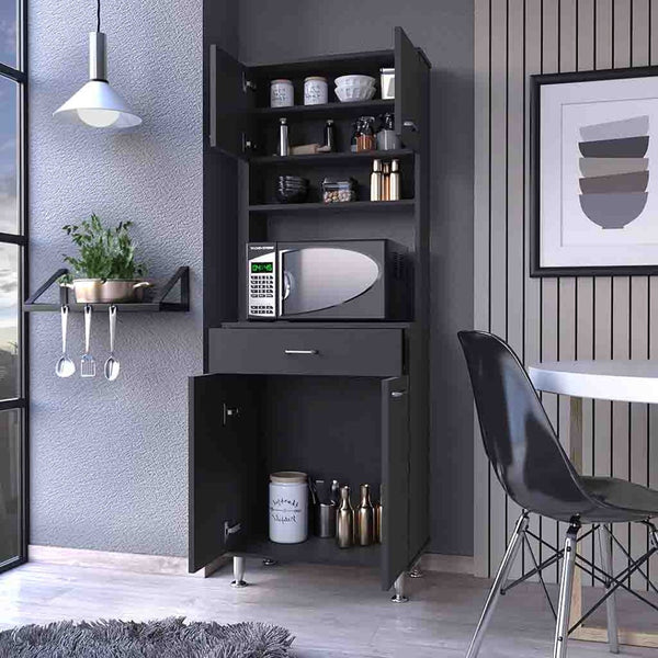 HomeRoots 67" Modern Black Wood Storage Closet – Sleek Pantry Organizer with 3 Shelves for Compact Spaces 535041