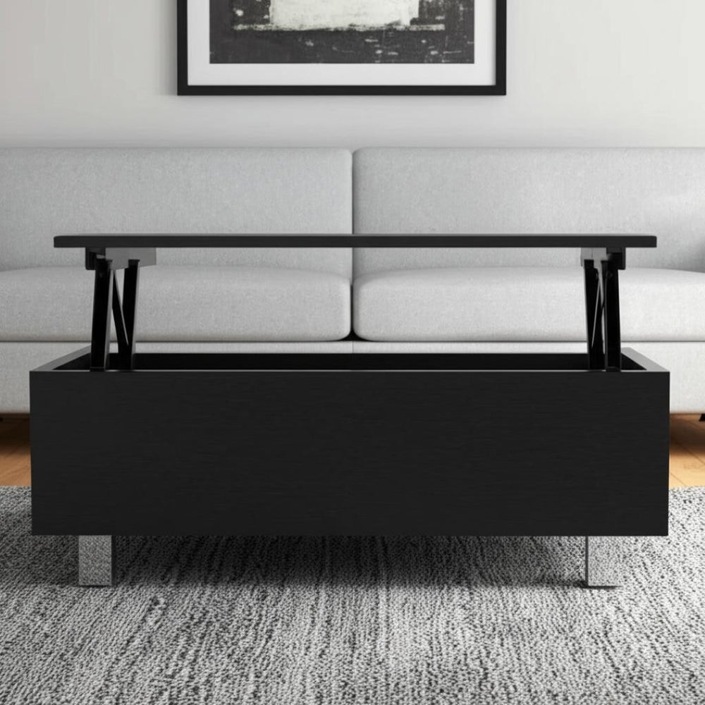 HomeRoots 32" Modern Lift-Top Coffee Table with Black Wood & Silver Stainless Steel - Stylish Storage Solution! 535049
