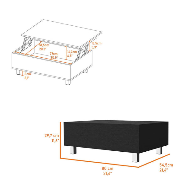 HomeRoots 32" Modern Lift-Top Coffee Table with Black Wood & Silver Stainless Steel - Stylish Storage Solution! 535049