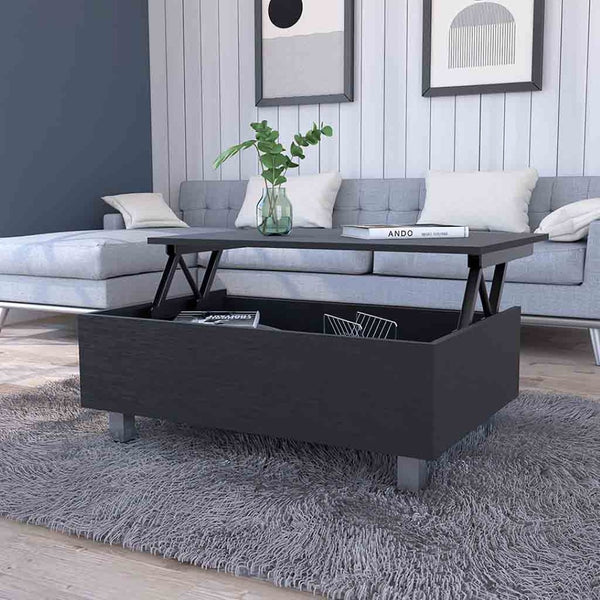 HomeRoots 32" Modern Lift-Top Coffee Table with Black Wood & Silver Stainless Steel - Stylish Storage Solution! 535049