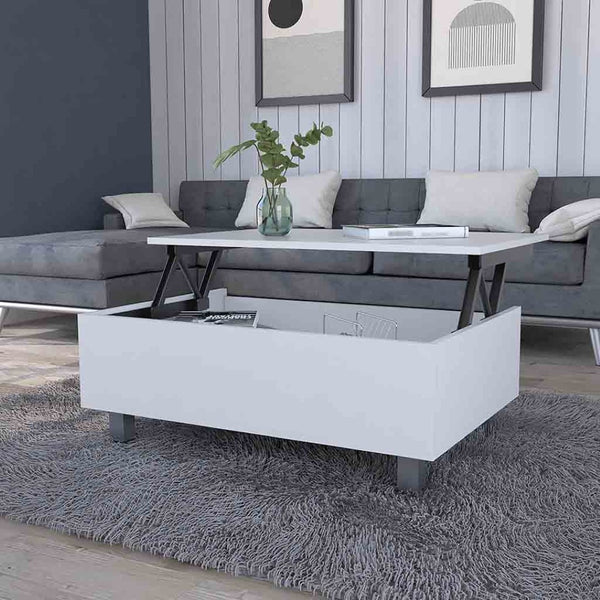 HomeRoots 32" Modern Lift Top Coffee Table with Hidden Storage | White Wood & Stainless Steel Accent Design 535050