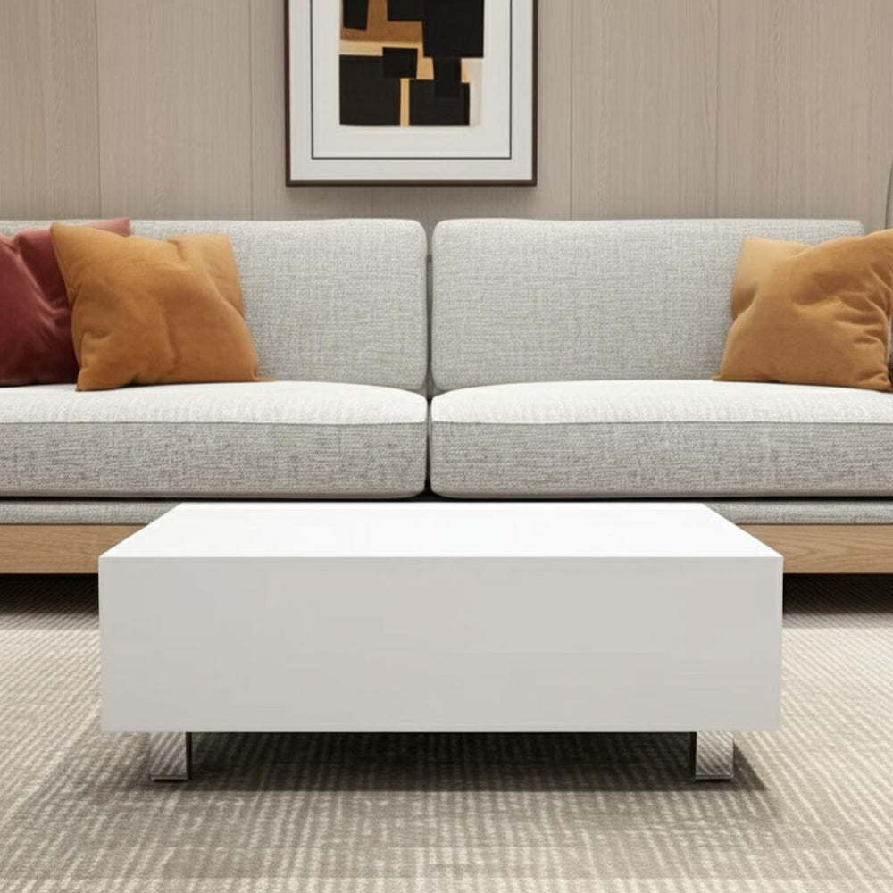 HomeRoots 32" Modern Lift Top Coffee Table with Hidden Storage | White Wood & Stainless Steel Accent Design 535050
