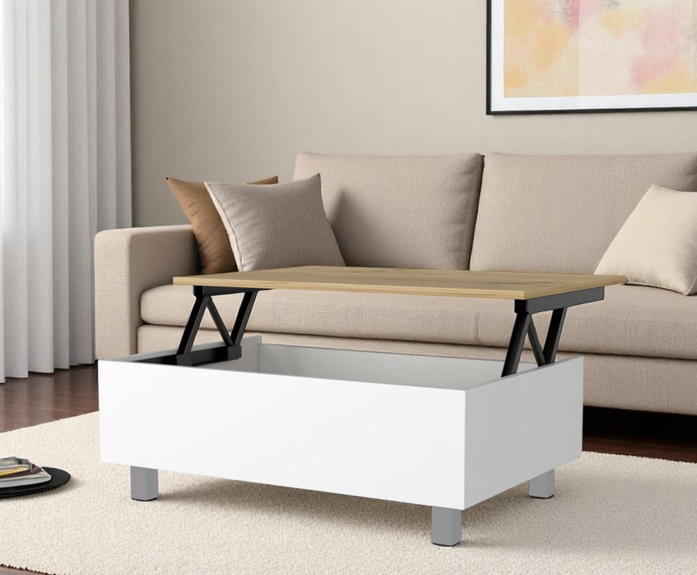 Homeroots 32" Stylish Lift Top Coffee Table In White And Oak – Durable Wood And Metal Design For Modern Homes   535051