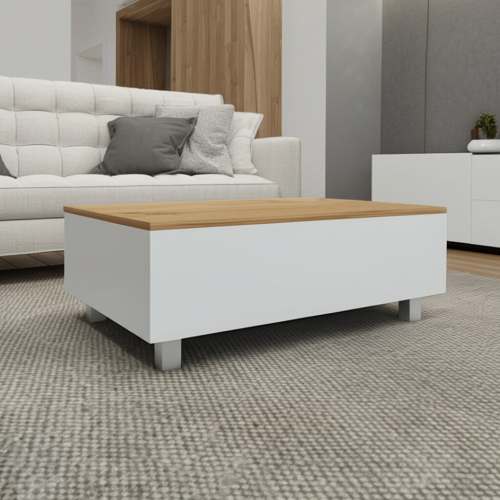 HomeRoots 32" Stylish Lift-Top Coffee Table in White & Oak Brown - Modern Design with Hidden Storage Space 535051