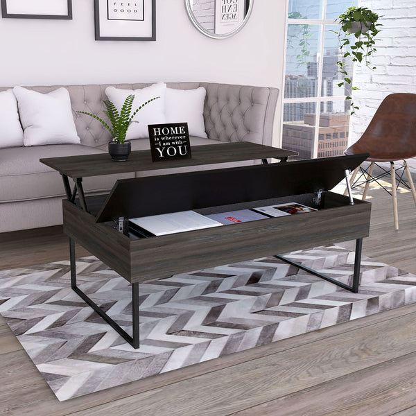 Homeroots 49" Espresso And Black Wood And Metal Lift Top Coffee Table   535052