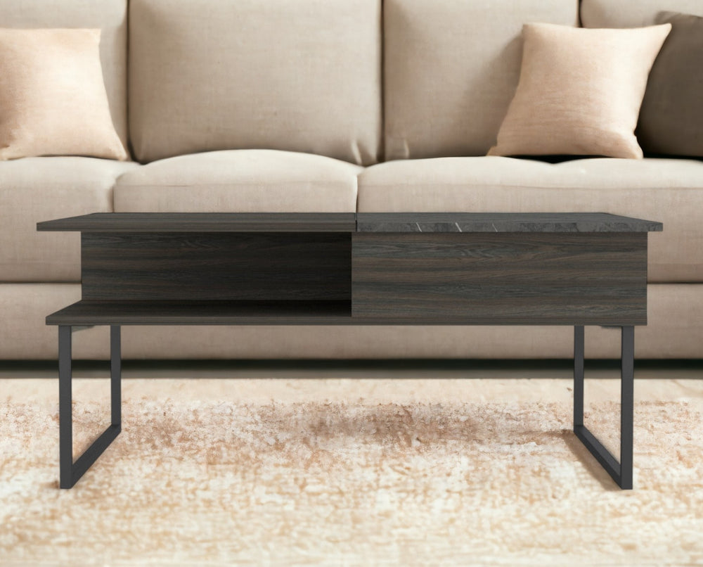 Homeroots 41" Espresso And Black Wood And Metal Lift Top Coffee Table With Shelf   535053