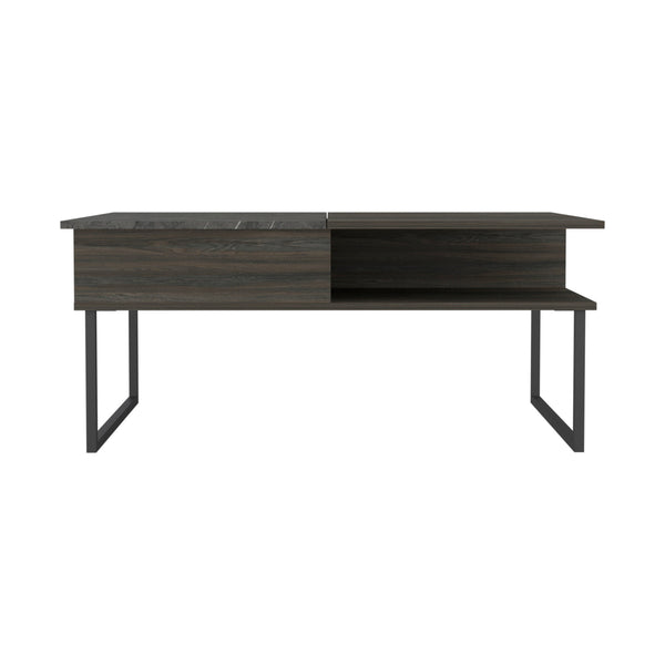 Homeroots 41" Espresso And Black Wood And Metal Lift Top Coffee Table With Shelf   535053
