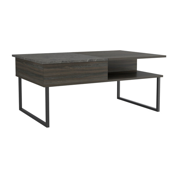 Homeroots 41" Espresso And Black Wood And Metal Lift Top Coffee Table With Shelf   535053
