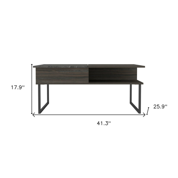 Homeroots 41" Espresso And Black Wood And Metal Lift Top Coffee Table With Shelf   535053