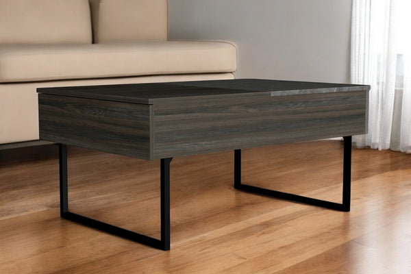 Homeroots 39" Espresso And Black Wood And Metal Lift Top Coffee Table With Drawer   535055