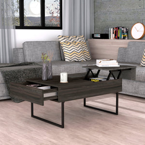 Homeroots 39" Espresso And Black Wood And Metal Lift Top Coffee Table With Drawer   535055