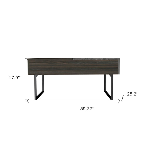 Homeroots 39" Espresso And Black Wood And Metal Lift Top Coffee Table With Drawer   535055