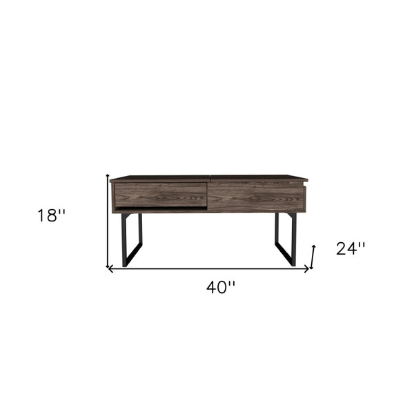 HomeRoots 40" Walnut Lift Top Coffee Table with Black Metal Sled Base, Hidden Storage & Modern Design 535056