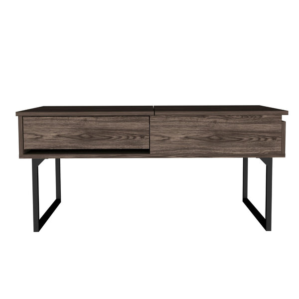 HomeRoots 40" Walnut Lift Top Coffee Table with Black Metal Sled Base, Hidden Storage & Modern Design 535056
