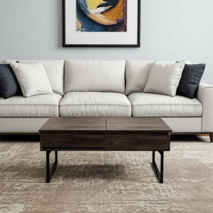 HomeRoots 40" Walnut Lift Top Coffee Table with Black Metal Sled Base, Hidden Storage & Modern Design 535056