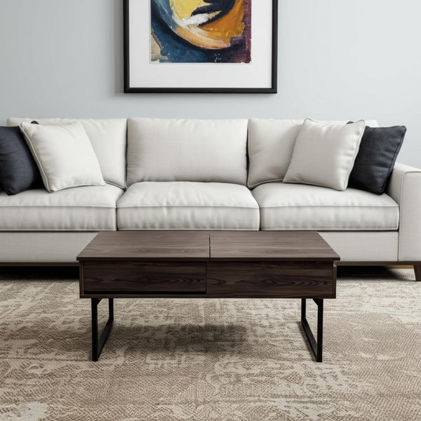 HomeRoots 40" Walnut Lift Top Coffee Table with Black Metal Sled Base, Hidden Storage & Modern Design 535056