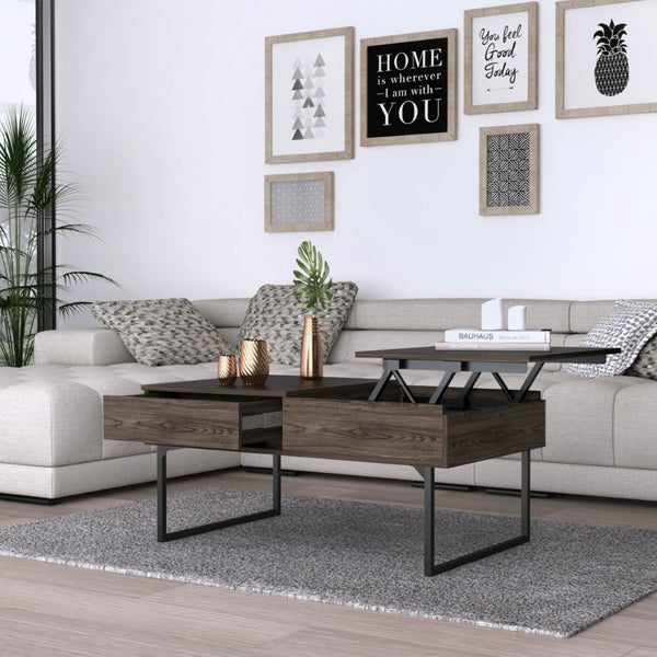 HomeRoots 40" Walnut Lift Top Coffee Table with Black Metal Sled Base, Hidden Storage & Modern Design 535056