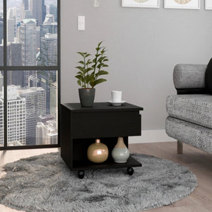 HomeRoots 22" Black Wood Lift-Top Coffee Table on Wheels for Stylish Storage and Versatile Living Room Use 535060