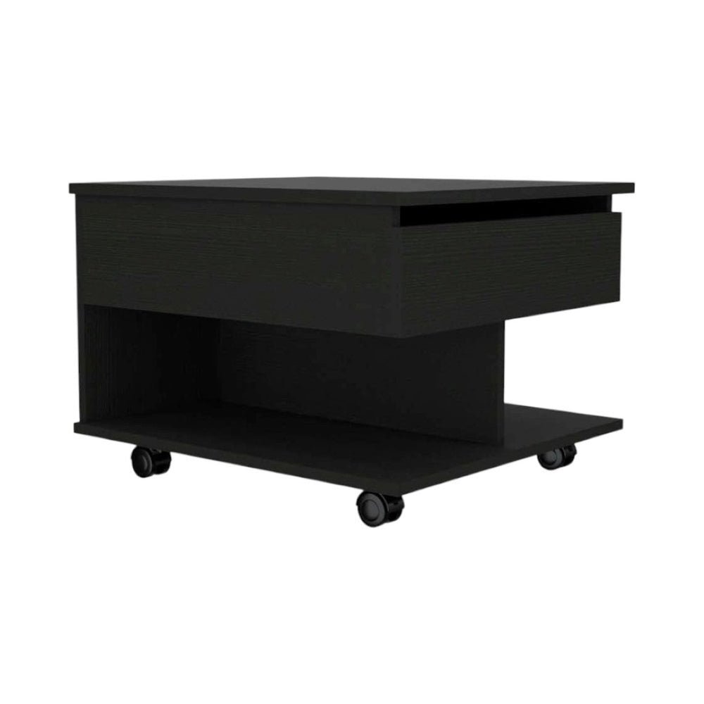 HomeRoots 22" Black Wood Lift-Top Coffee Table on Wheels for Stylish Storage and Versatile Living Room Use 535060