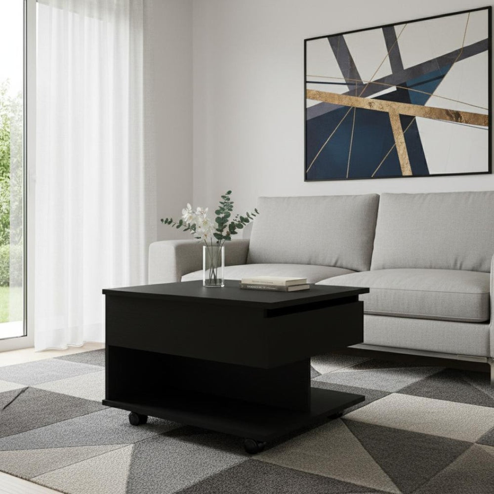 HomeRoots 22" Black Wood Lift-Top Coffee Table on Wheels for Stylish Storage and Versatile Living Room Use 535060