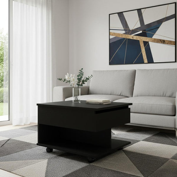 HomeRoots 22" Black Wood Lift-Top Coffee Table on Wheels for Stylish Storage and Versatile Living Room Use 535060