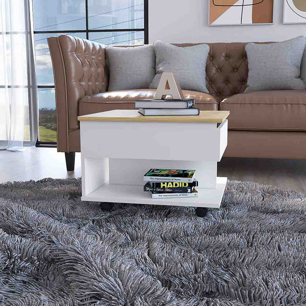 Homeroots 22" Natural And White Wood Lift Top Coffee Table With Two Shelves   535061