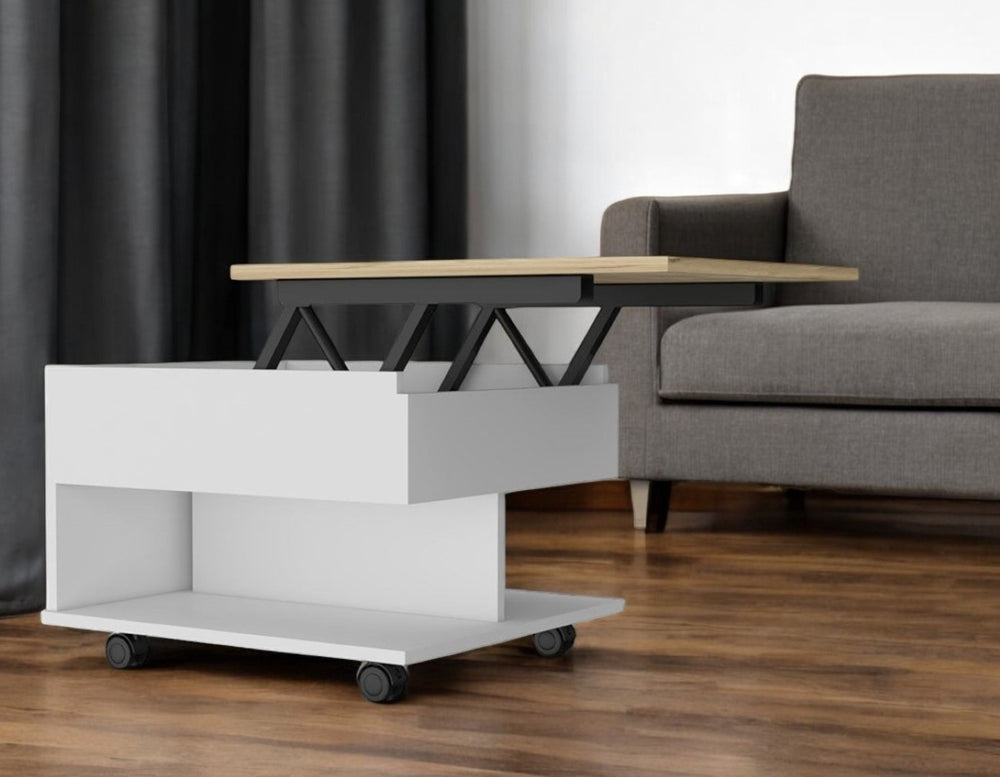 HomeRoots 22" Natural & White Lift-Top Coffee Table with Two Shelves – Stylish Storage for Small Spaces! 535061