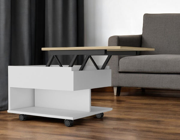 Homeroots 22" Natural And White Wood Lift Top Coffee Table With Two Shelves   535061