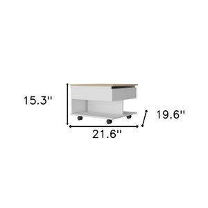 Homeroots 22" Natural And White Wood Lift Top Coffee Table With Two Shelves   535061