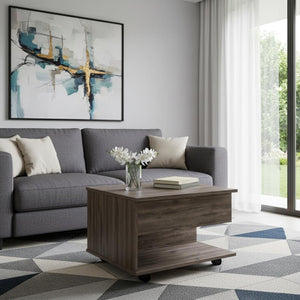 HomeRoots 22" Brown Rectangular Lift-Top Coffee Table with Hidden Storage, Wheels, and Modern Design Features 535062