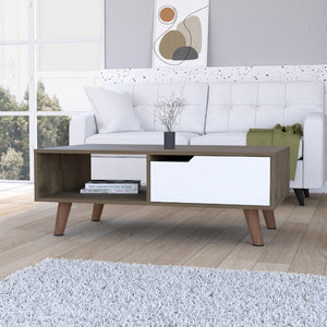 Homeroots 40" Brown And Brown And White Wood Coffee Table With Drawer And Shelf   535065