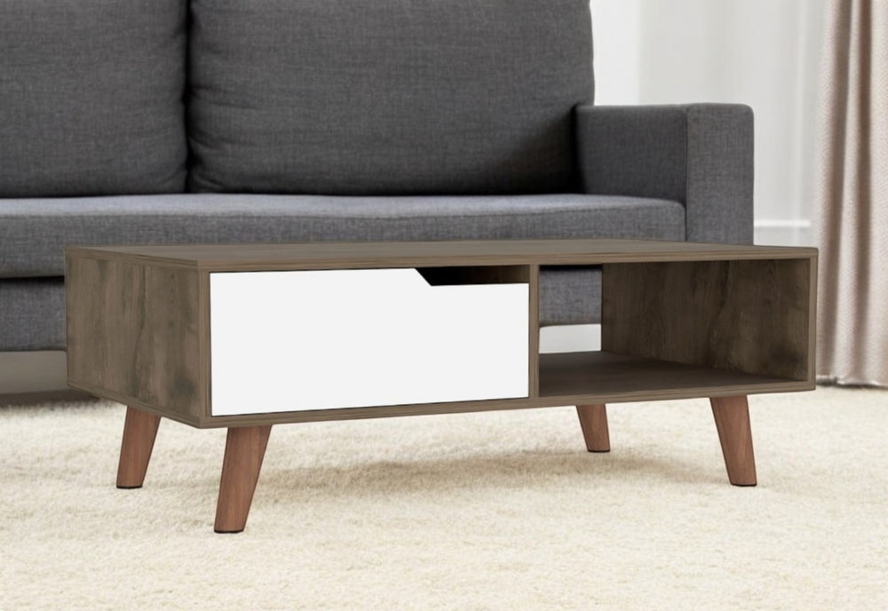 Homeroots 40" Brown And Brown And White Wood Coffee Table With Drawer And Shelf   535065