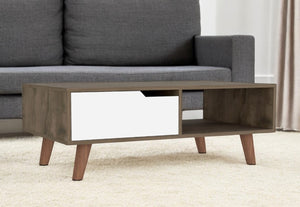 Homeroots 40" Brown And Brown And White Wood Coffee Table With Drawer And Shelf   535065