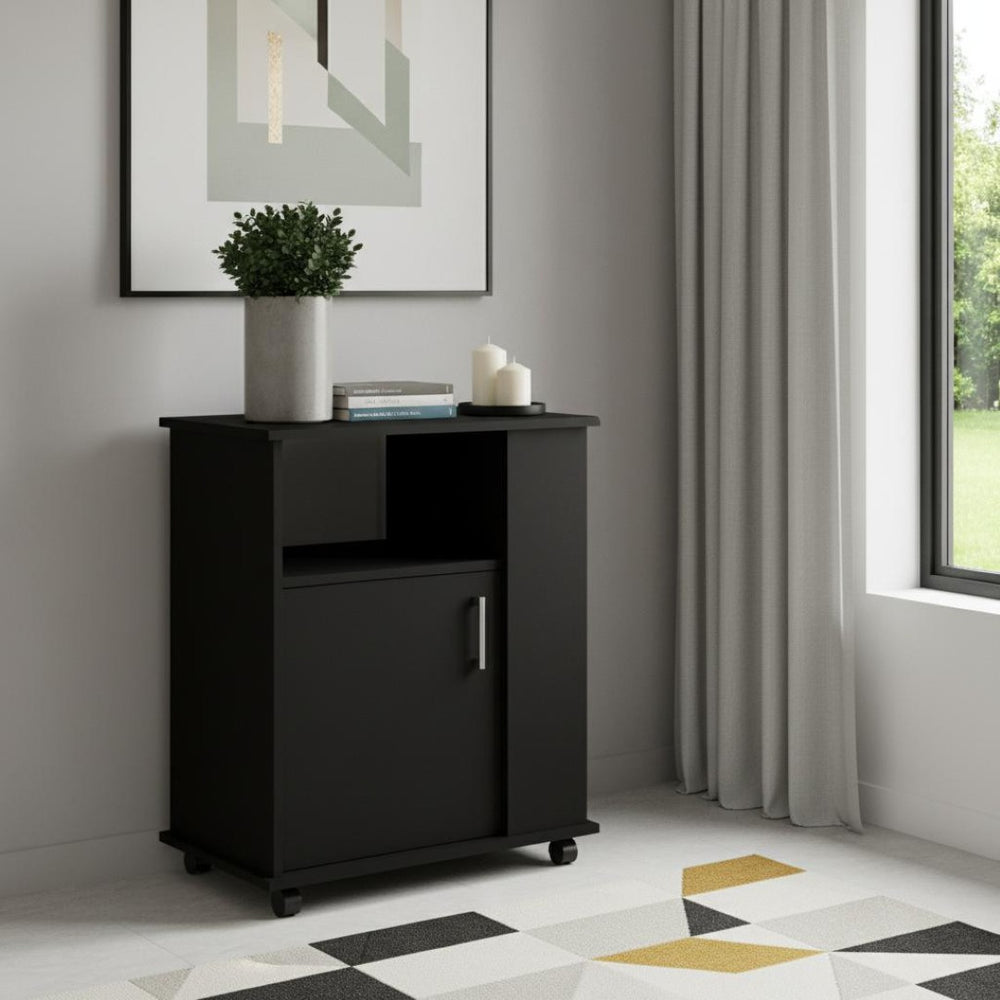 HomeRoots 29" Sleek Black Wood Accent Cabinet - Stylish Single-Door Storage for Modern Home Décor Needs 535067