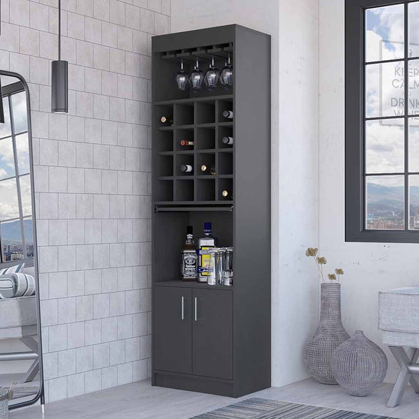 HomeRoots 71" Sleek Black Wood Bar Cabinet - Modern Two-Door Design for Elegant Storage in Any Space 535071