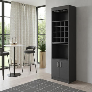 HomeRoots 71" Sleek Black Wood Bar Cabinet - Modern Two-Door Design for Elegant Storage in Any Space 535071