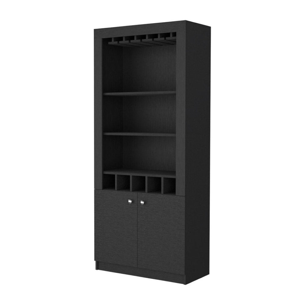 HomeRoots 69" Black Wood Bar Cabinet - Modern Storage for Wine, Spirits & Glassware in Contemporary Style 535077