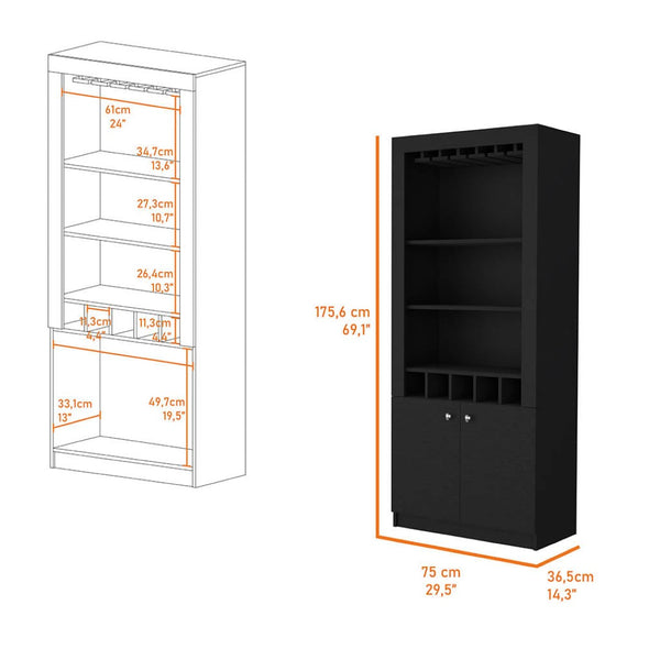 HomeRoots 69" Black Wood Bar Cabinet - Modern Storage for Wine, Spirits & Glassware in Contemporary Style 535077