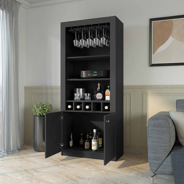 HomeRoots 69" Black Wood Bar Cabinet - Modern Storage for Wine, Spirits & Glassware in Contemporary Style 535077