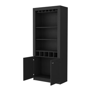 HomeRoots 69" Black Wood Bar Cabinet - Modern Storage for Wine, Spirits & Glassware in Contemporary Style 535077
